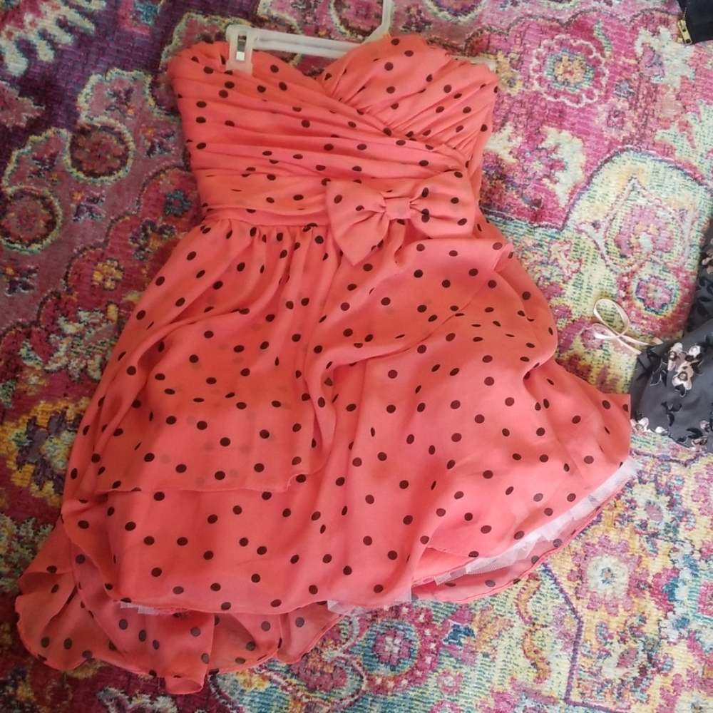 Pink salmon polka dot frill party prom dress